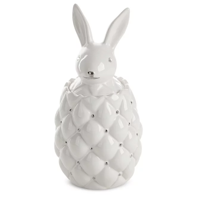 Pojemnik ceramiczny dekoracyjny biało-srebrny zdobiony króliczkiem średnica 14x30 cm ADORE Eurofirany