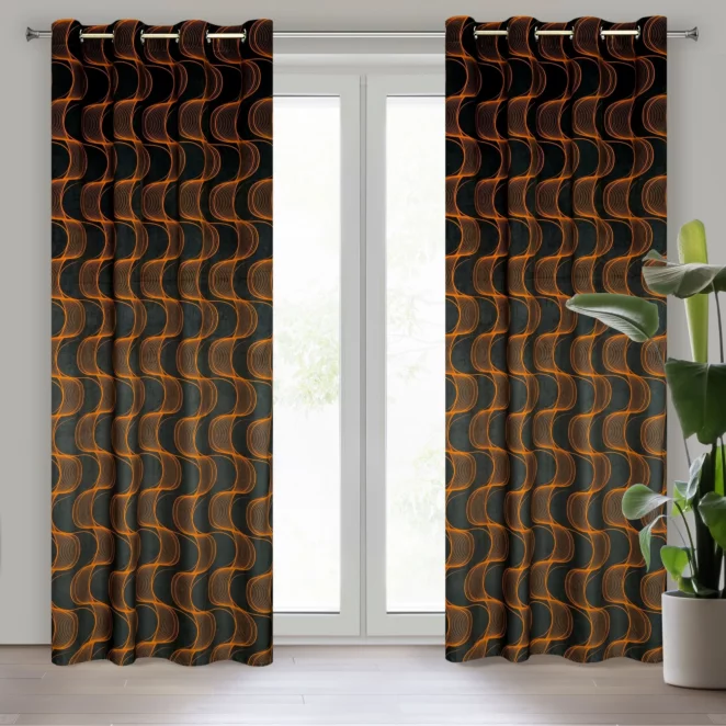 Zasłona czarno, ruda z wzorem pionowych fal, z welwetu 140x250 cm przelotka POLA Eurofirany