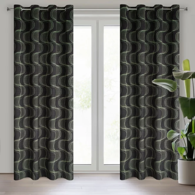 Zasłona czarno, zielona z wzorem pionowych fal, z welwetu 140x250 cm przelotka POLA Eurofirany
