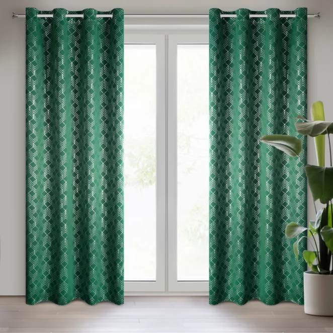 Zasłona zielono, srebrna zaciemniająca ze wzorem geometrycznym 140x250 przelotka POLI Design 91 Eurofirany