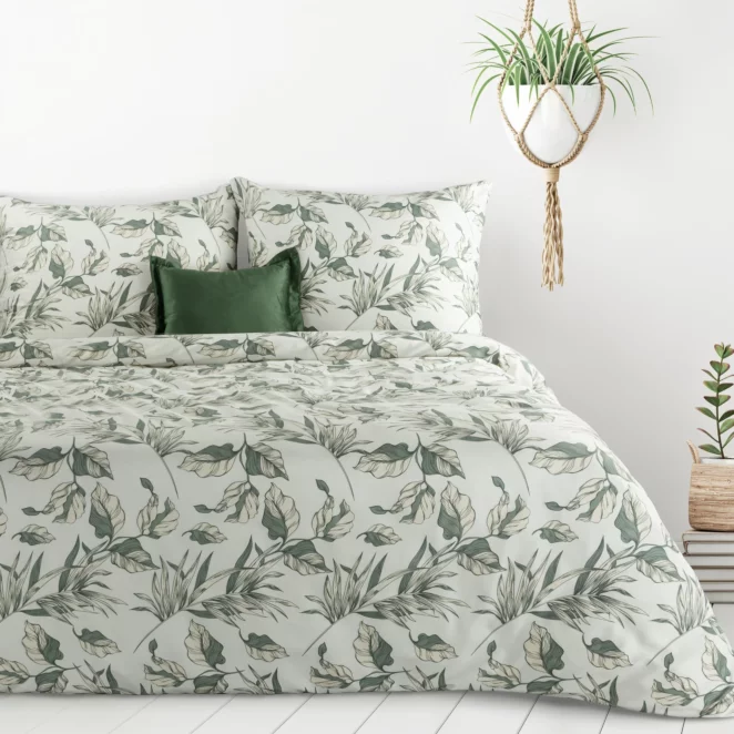 Pościel 140x200 cm komplet 2 częściowy kolor zielono, biały z motywem liści DONNA Design 91 Eurofirany