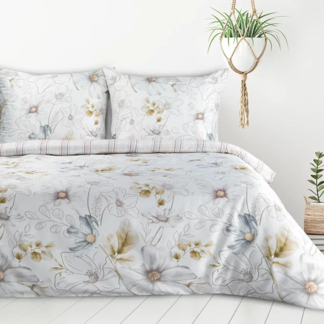 Pościel 140x200 cm komplet 2 częściowy z mieszanki włókien kolor biały, musztardowy z nadrukiem kwiatów LEA9 Design 91 Eurofirany