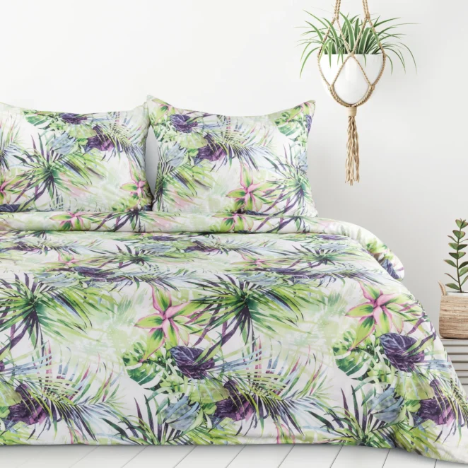Pościel 160x200 cm komplet 3 częściowy z mikrofibry kolor jasnozielony, biały zdobiona botanicznym wzorem ROMMY Design 91