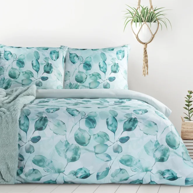 Pościel 200x220 cm komplet 3 częściowy kolor miętowy, ciemnomiętowy z motywem liści VERANO 5 design 91 Eurofirany