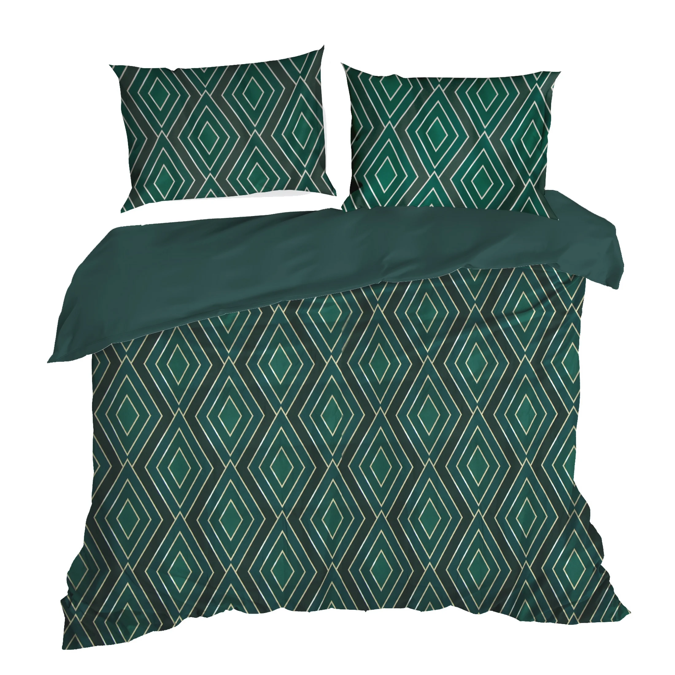 Pościel 220x200 cm komplet 3 częściowy kolor butelkowa zieleń, biały z nadrukiem geometrycznym ALEXA Design 91 Eurofirany