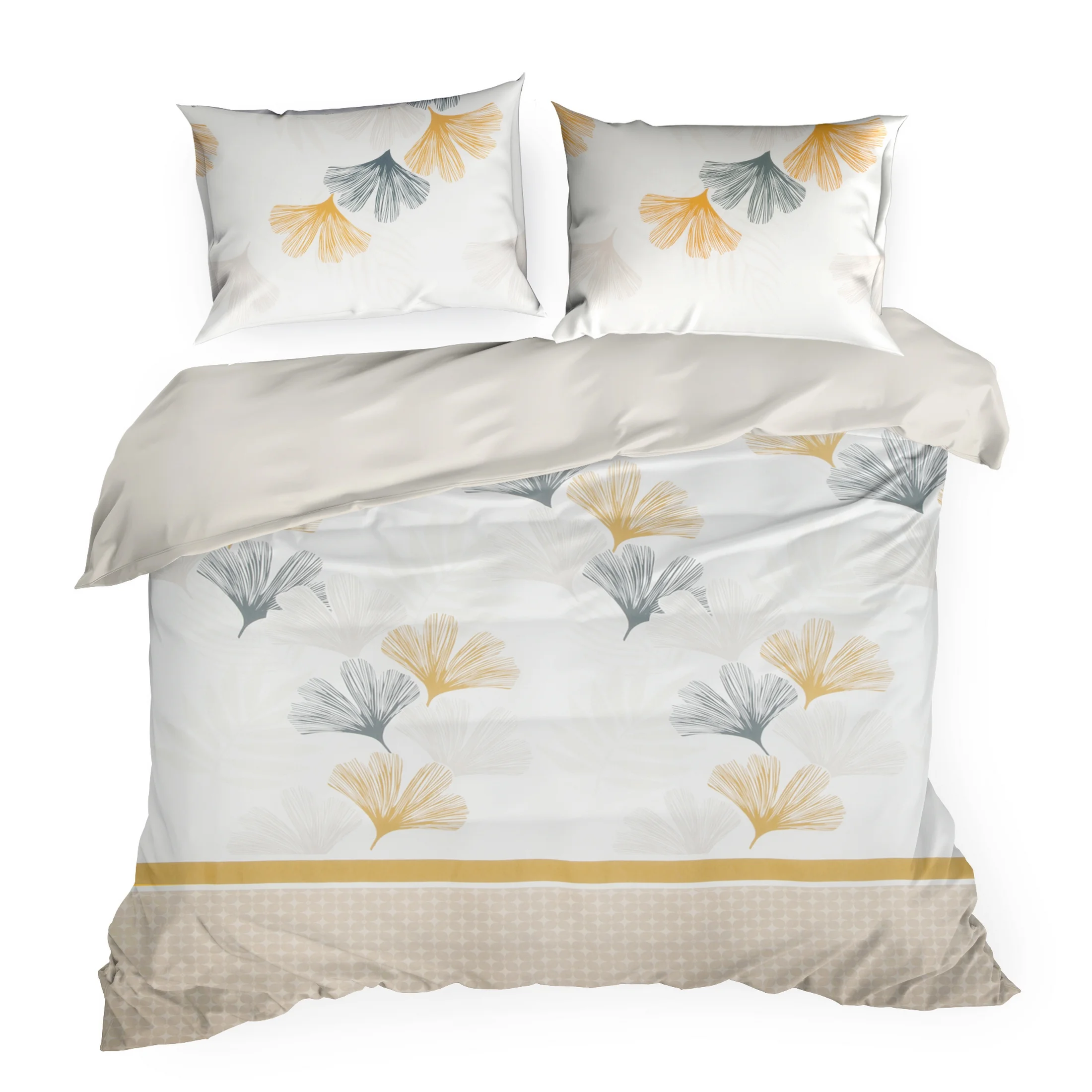 Pościel 220x200 cm komplet 3 częściowy z mieszanki włókien kolor biały, beżowy z motywem liści miłorzębu LEA7 Design 91 Eurofirany