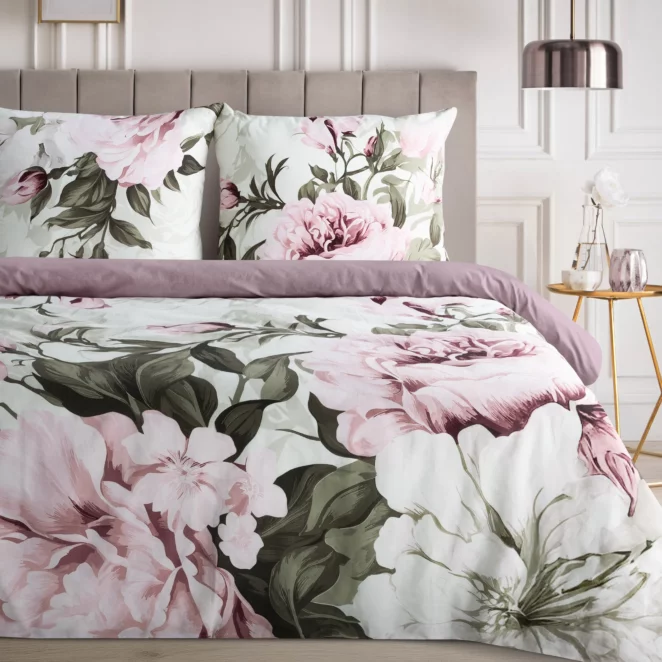 Pościel bawełniana 140x200 cm komplet 2 częściowy kolor wrzosowo biały z motywem peoni - PEONY Eurofirany