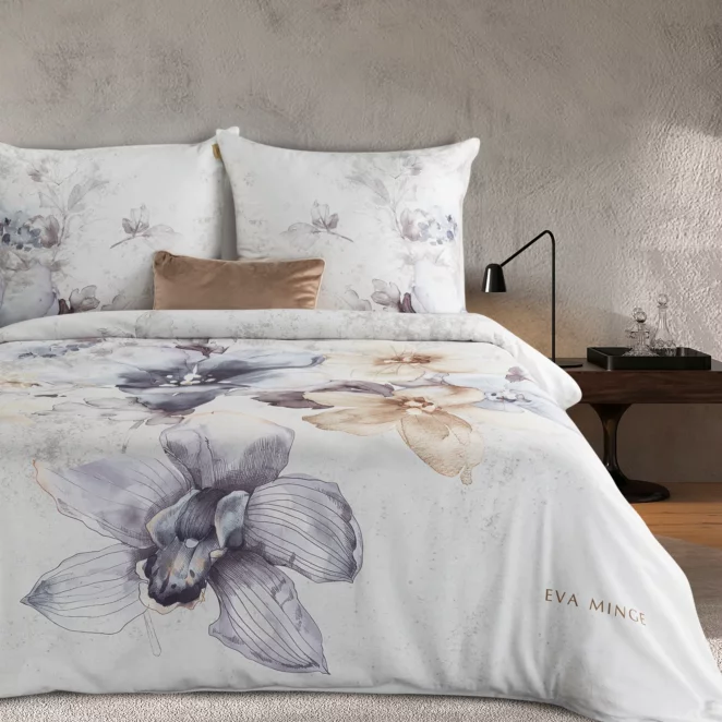 Pościel bawełniana z makosatyny 160x200 cm komplet 3 częściowy kolor  biało, popielaty z designerskim roślinnym nadrukiem  DARIA Eva Minge Eurofirany