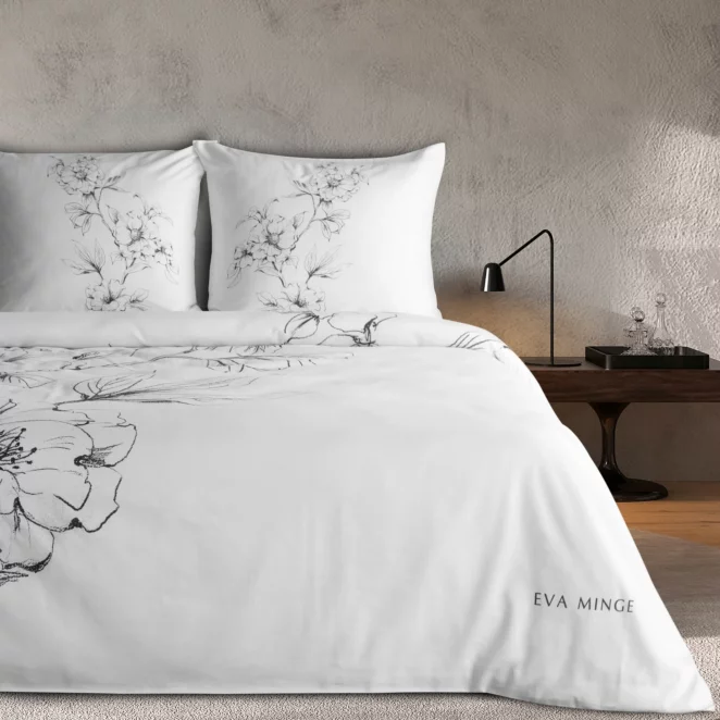 Pościel bawełniana z makosatyny 160x200 cm komplet 3 częściowy kolor biały, czarny z designerskim nadrukiem FLAVIA Eva Minge Eurofirany