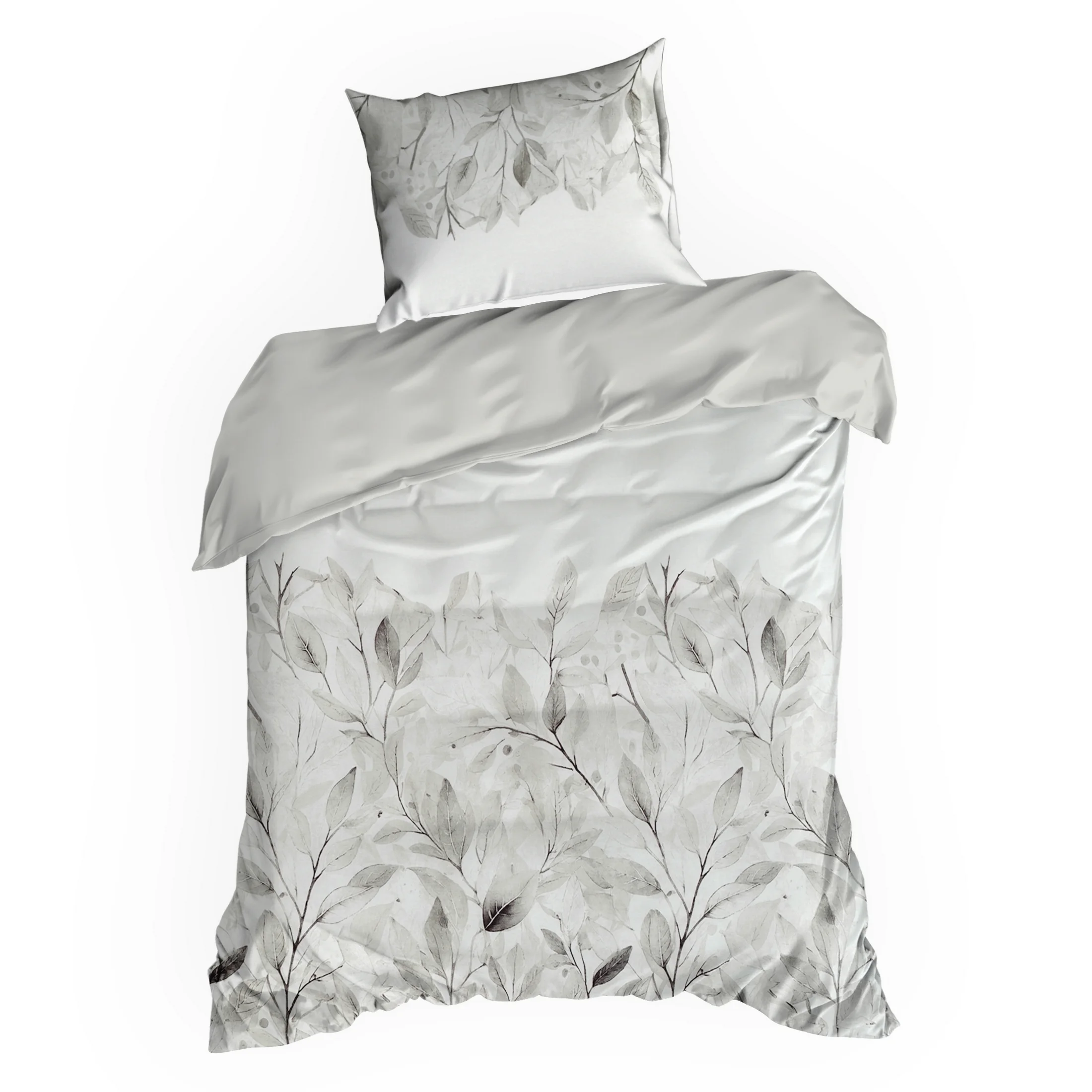 Pościel satynowa 140x200 cm komplet 2 częściowy kolor srebrno, biały z wzorem roślinnym SPRING 63 Eurofirany