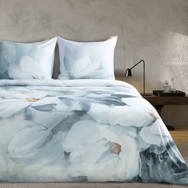 Pościel satynowa 160x200 cm komplet 3 częściowy kolor miętowy, kremowy z wzorem designerskim BLOOM Eva Minge Eurofirany