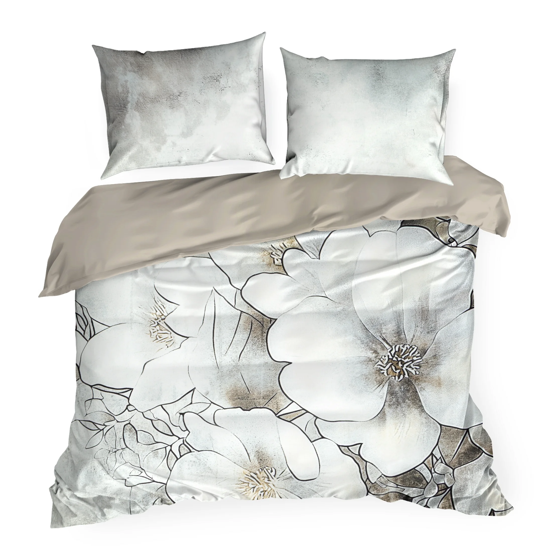 Pościel satynowa 160x200 cm komplet 3 częściowy kolor szarobeżowy, beżowy z wzorem designerskim DAISY Eva Minge Eurofirany