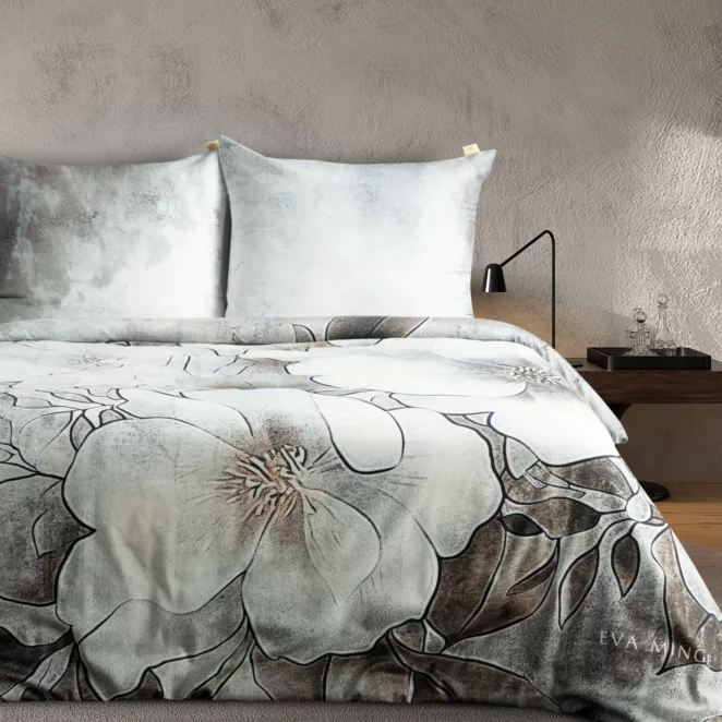 Pościel satynowa  220x200 cm komplet 3 częściowy kolor szarobeżowy, beżowy z wzorem designerskim DAISY Eva Minge Eurofirany