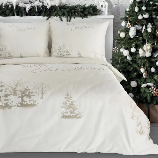 Pościel świąteczna 140x200 cm komplet 2 częściowy z mikrowłókna, kolor beżowy, biały z subtelnym nadrukiem  SNOWFLAKE Eurofirany