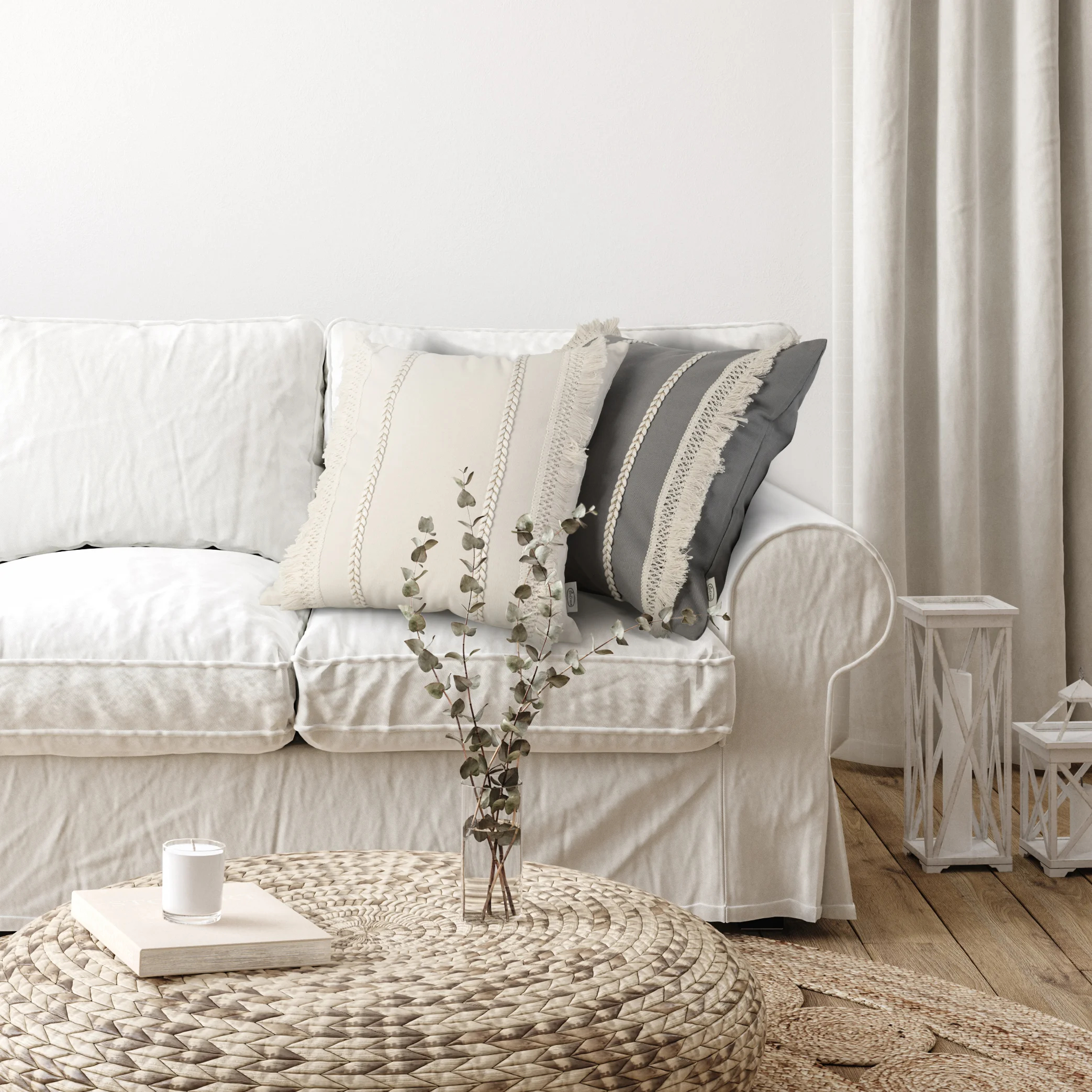 Poszewka na poduszkę 45x45 cm z bawełny z aplikacją z frędzlami beżowa BOHO Eurofirany
