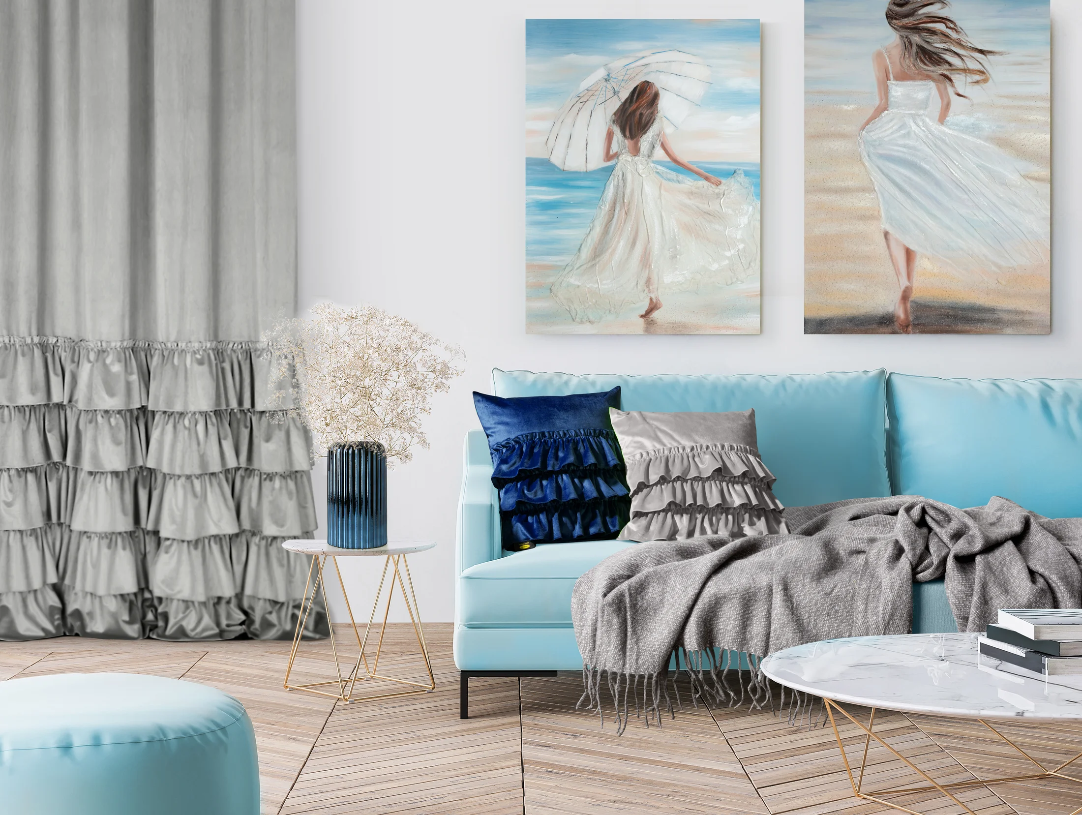 Poszewka na poduszkę 45x45 cm welwetowa z trzema falbanami stalowy CHARLOTTE Eurofirany