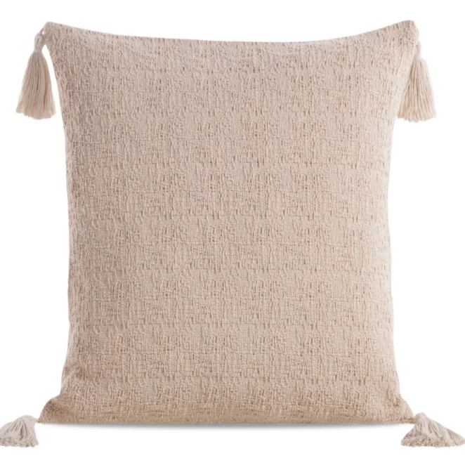 Poszewka na poduszkę 45x45 cm bawełniana ze zdobionymi na rogach chwostami beżowa BOHO Eurofirany