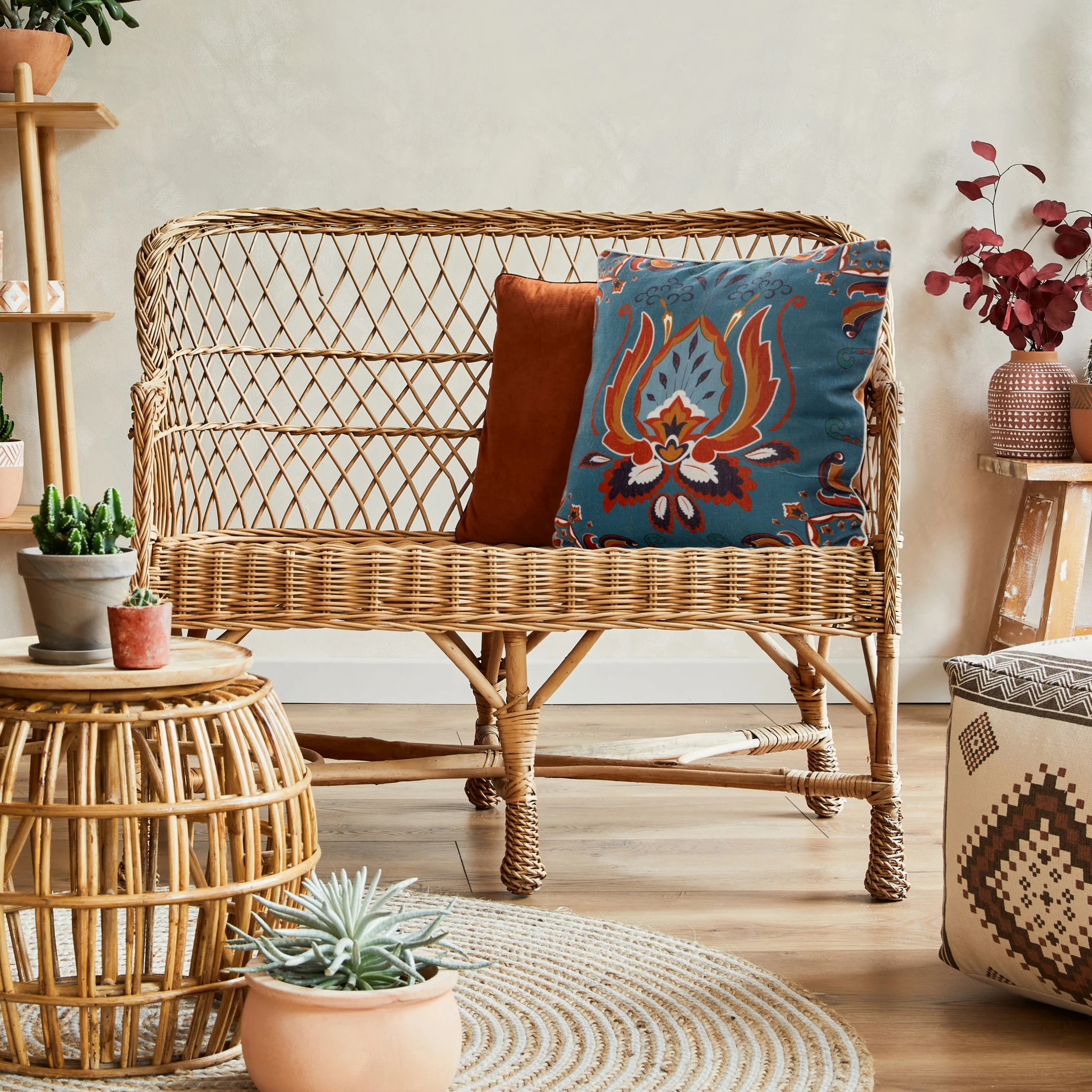 Poszewka na poduszkę 45x45 cm bawełniana z dodatkiem lnu z nadrukiem ornamentu turkusowo, pomarańczowa LEN Eurofirany