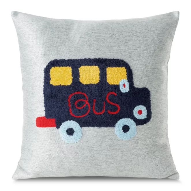 Poszewka na poduszkę dziecięca 45 x 45 cm z samochodem haftowanym puszystą nicią srebrno, grantowa ALVIN Eurofirany