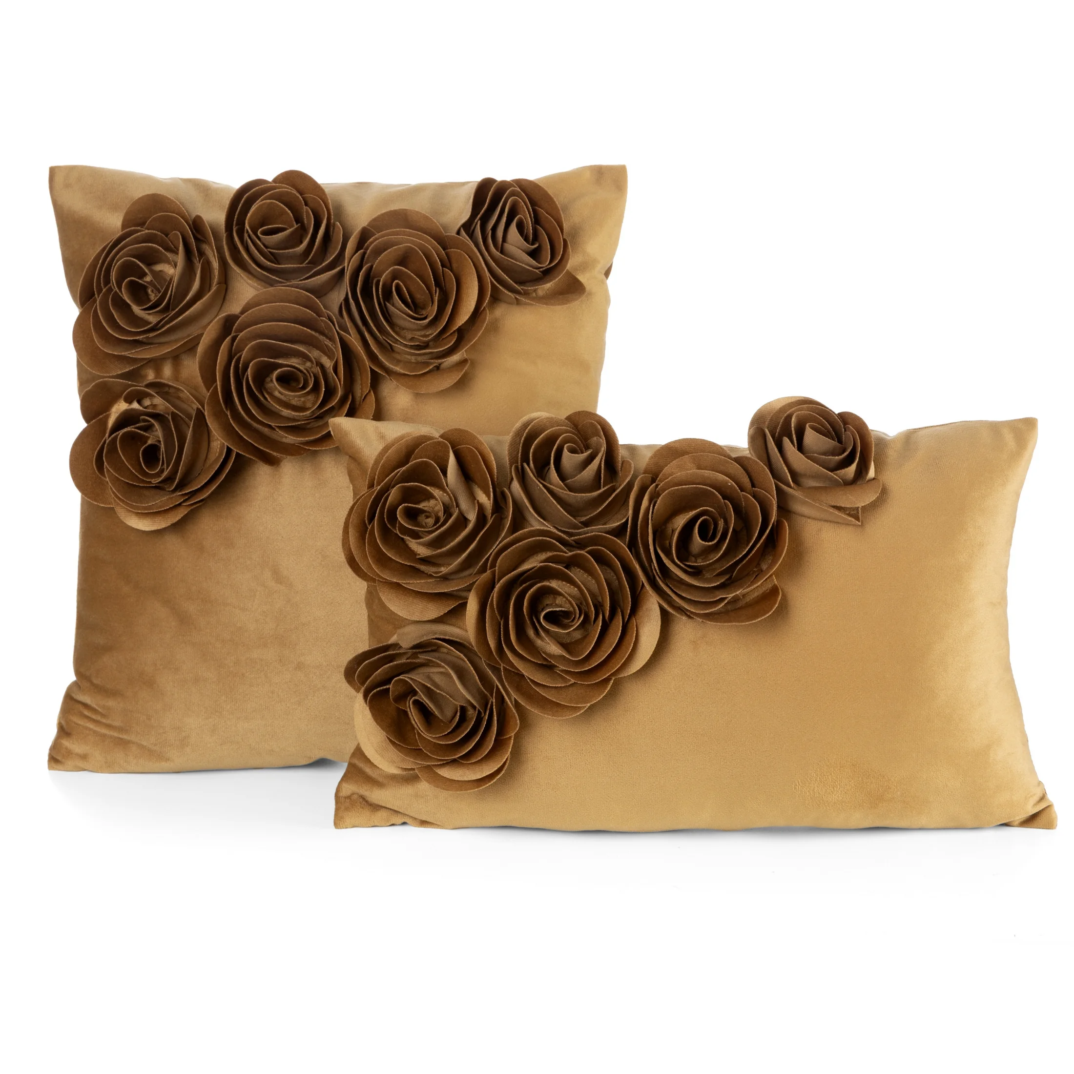 Poszewka na poduszkę 30x50 cm miodowa welwetowa zdobiona trójwymiarowymi różami FLORES1 Eurofirany