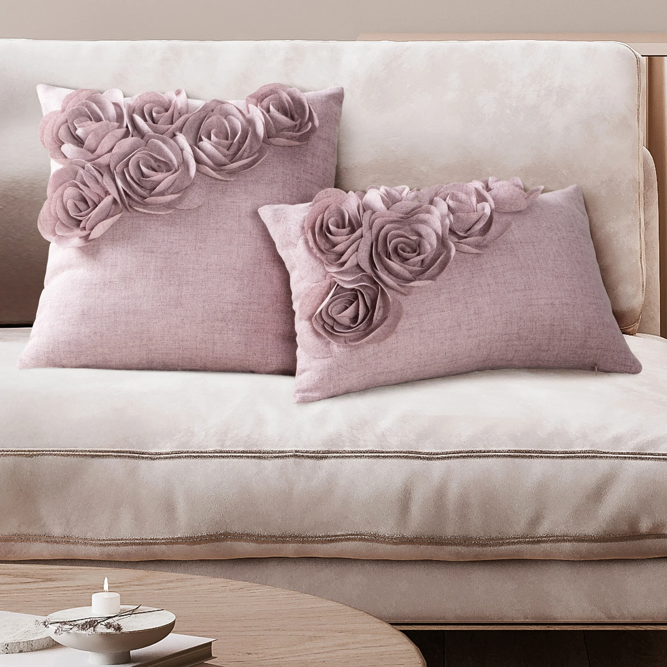 Poszewka na poduszkę 30x50 cm różowa o naturalnym splocie w 3D róże FLORES 7 Eurofirany
