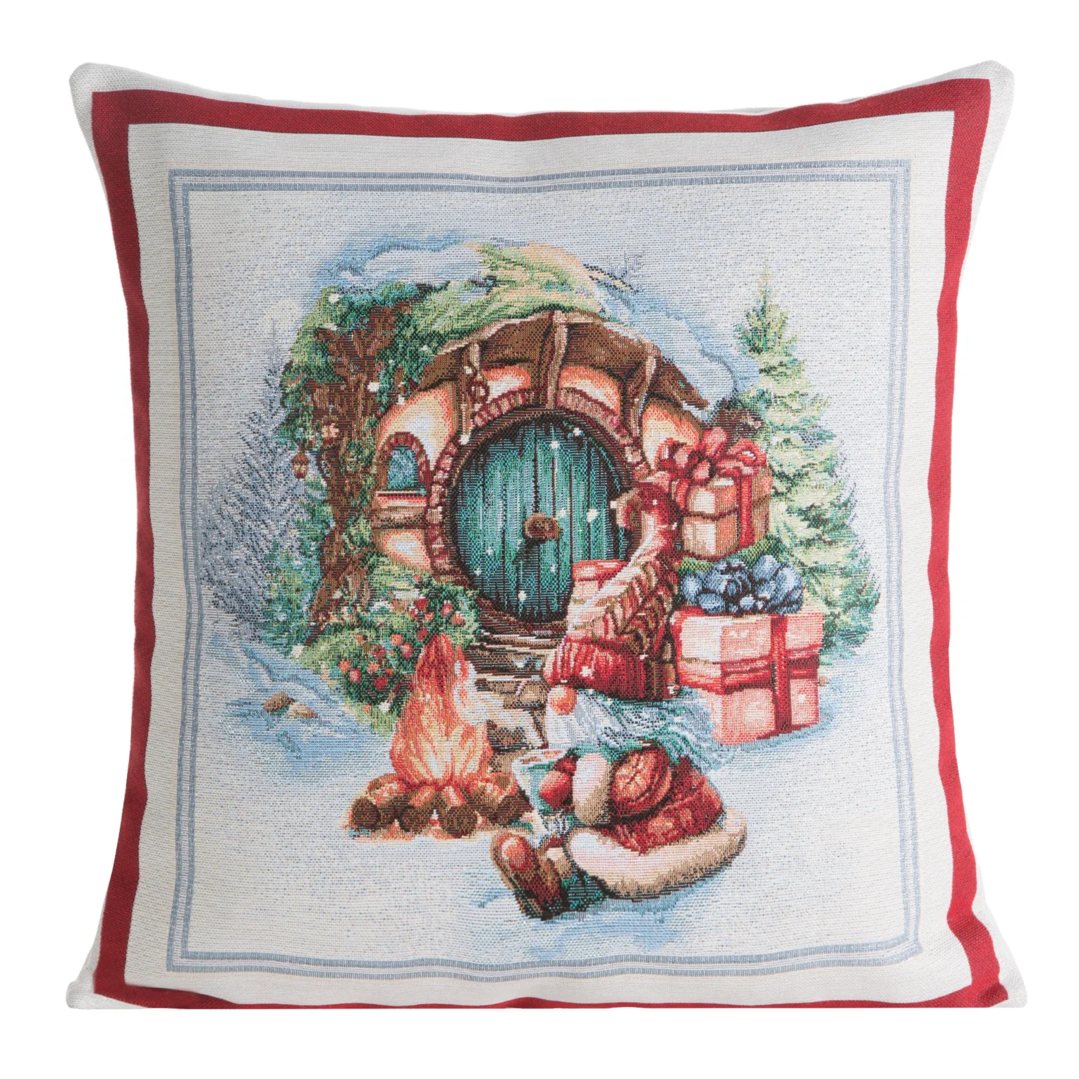 Poszewka na poduszkę 45x45 cm bawełniana, gobelinowa z mieszanki włókien czerwono, naturalna XMAS Eurofirany