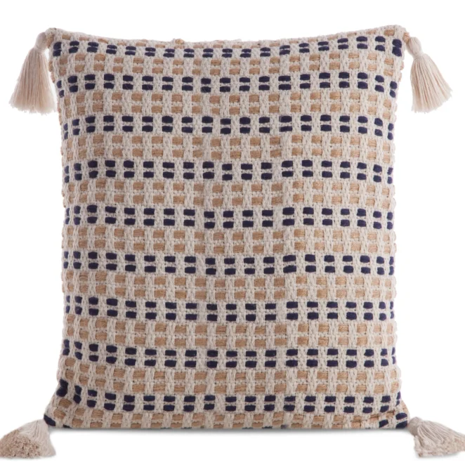 Poszewka na poduszkę 45x45 cm bawełniana ze zdobionymi na rogach chwostami kremowo, granatowa BOHO Eurofirany