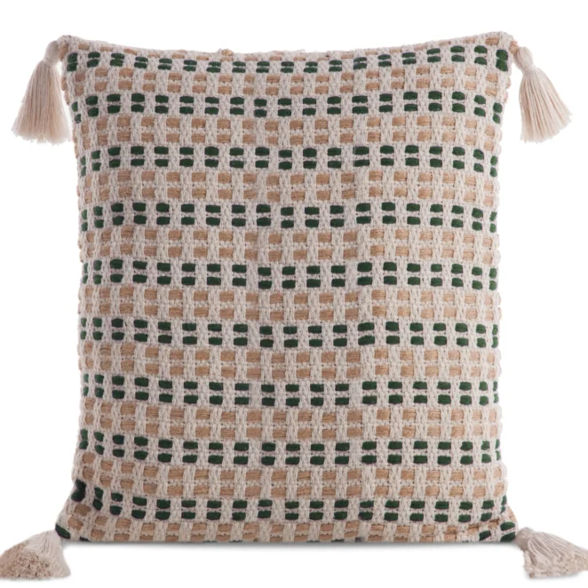 Poszewka na poduszkę 45x45 cm bawełniana ze zdobionymi na rogach chwostami kremowo, zielona BOHO Eurofirany