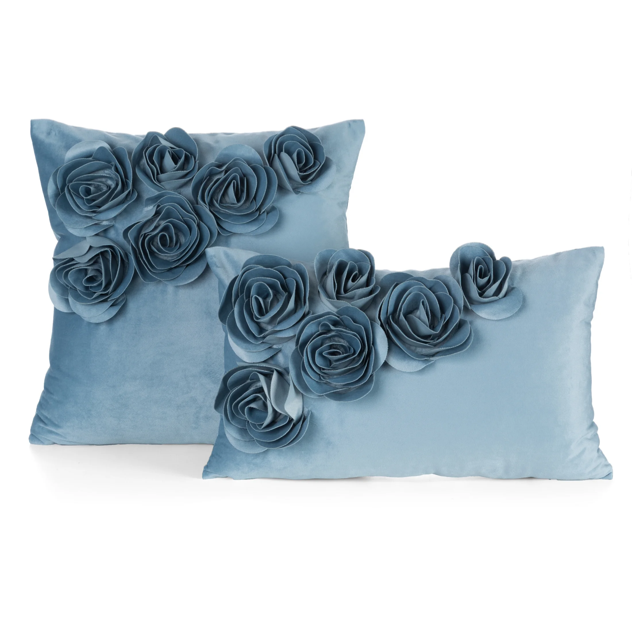 Poszewka na poduszkę 45x45 cm niebieska welwetowa zdobiona trójwymiarowymi różami FLORES1 Eurofirany