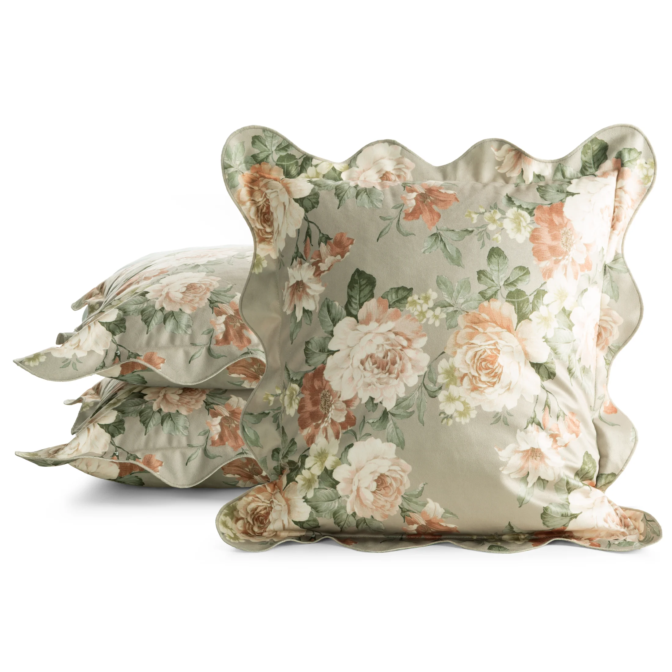 Poszewka na poduszkę 45x45 cm oliwkowo-kremowa z welwetu zdobiona motywem roślinnnym z falbanką FIORE1 Eurofirany