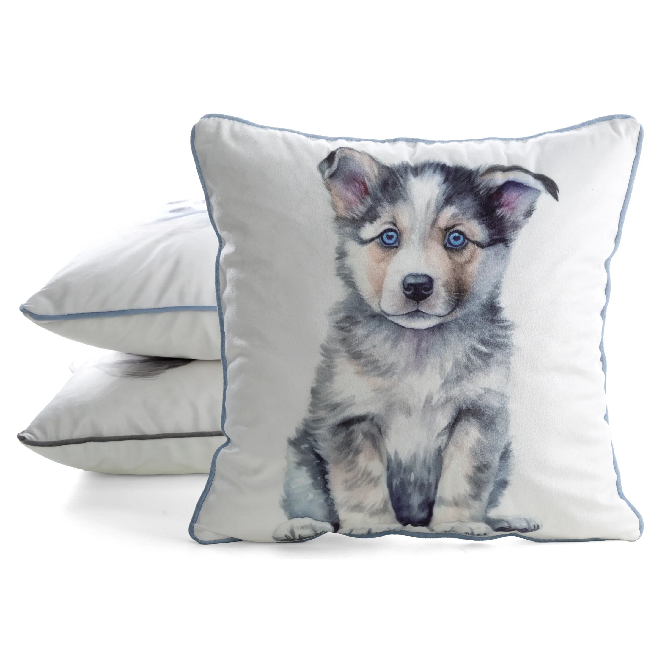 Poszewka na poduszkę 45x45 cm welwetowa biało, szara z motywem psa ANIMAL 83 Eurofirany