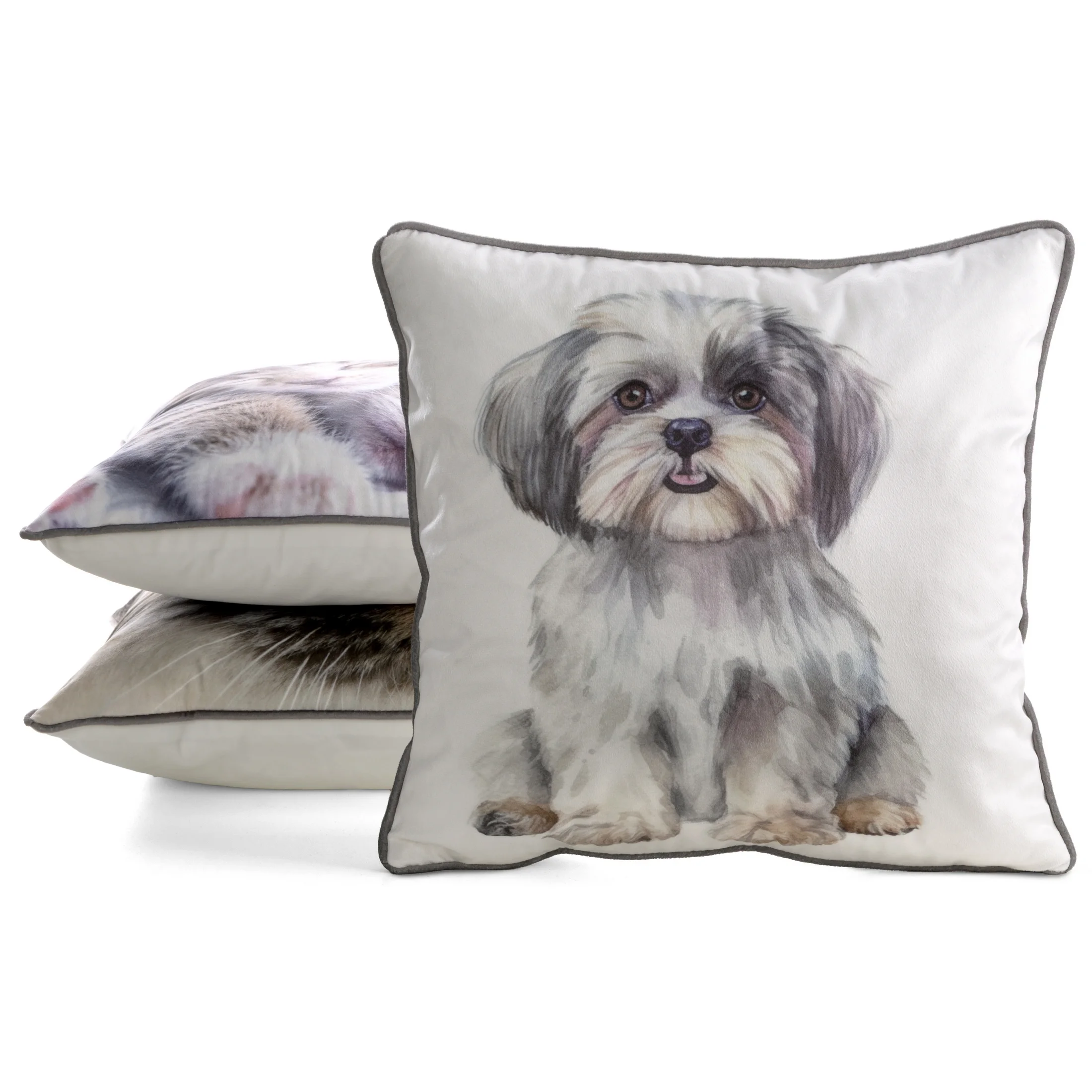 Poszewka na poduszkę 45x45 cm welwetowa biało, szara z motywem psa ANIMAL 85 Eurofirany
