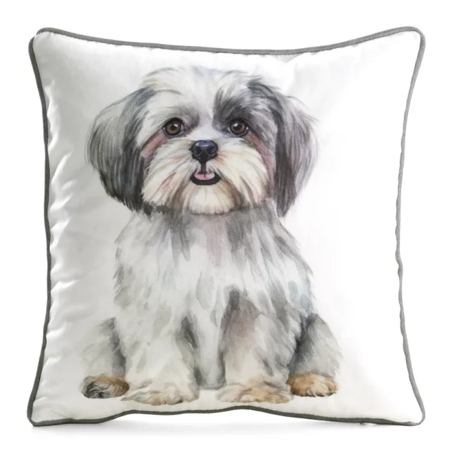 Poszewka na poduszkę 45x45 cm welwetowa biało, szara z motywem psa ANIMAL 85 Eurofirany