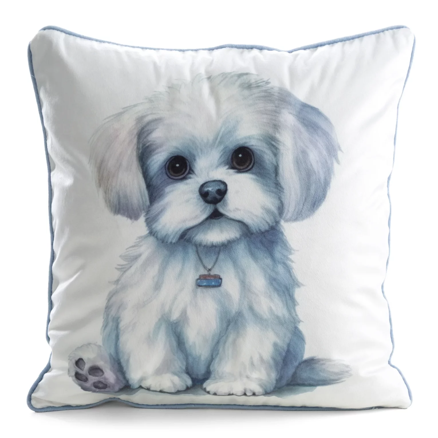 Poszewka na poduszkę 45x45 cm welwetowa biały, jasnoniebieski z motywem psa ANIMAL 84 Eurofirany