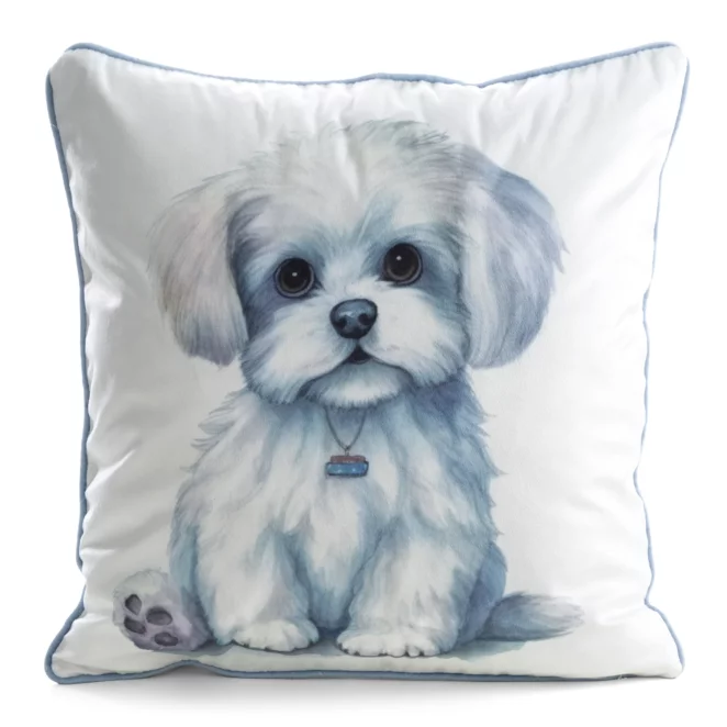 Poszewka na poduszkę 45x45 cm welwetowa biały, jasnoniebieski z motywem psa ANIMAL 84 Eurofirany