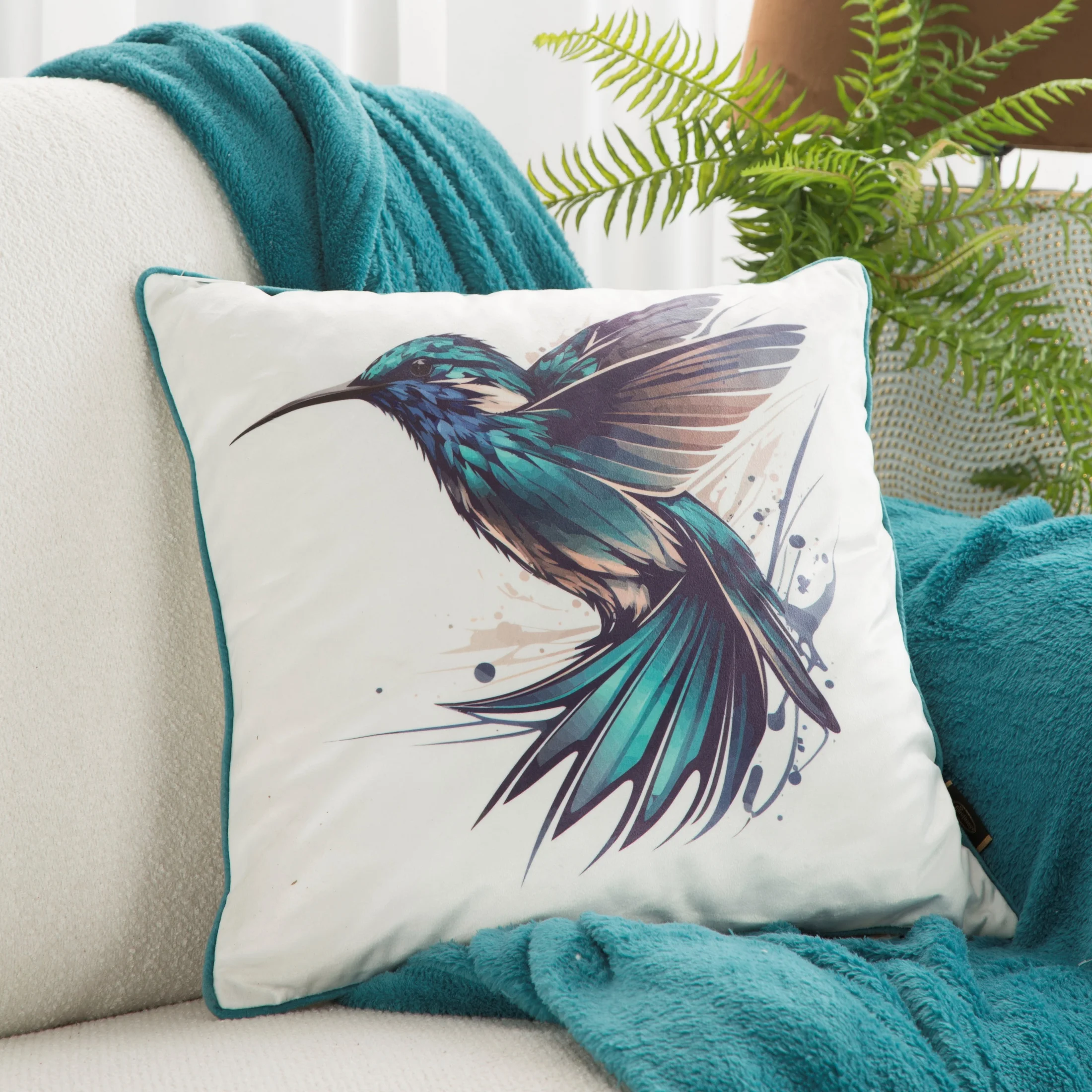 Poszewka na poduszkę 45x45 cm welwetowa, dwustronna z motywem koliberka z wypustką na brzegach kremowo, turkusowa VELVET 140 EUROFIRANY PREMIUM