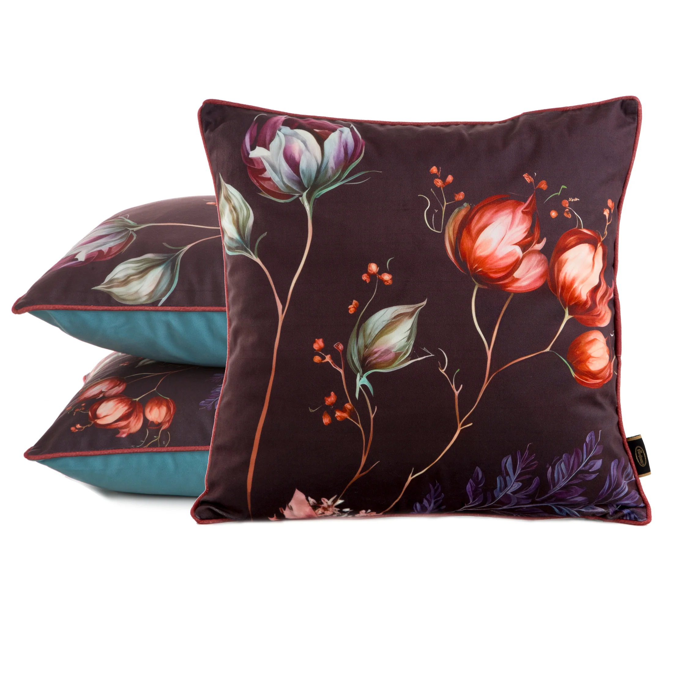 Poszewka na poduszkę 45x45 cm welwetowa, dwustronna z motywem kwiatów z wypustką na brzegach bordowo, turkusowa VELVET 130 EUROFIRANY PREMIUM