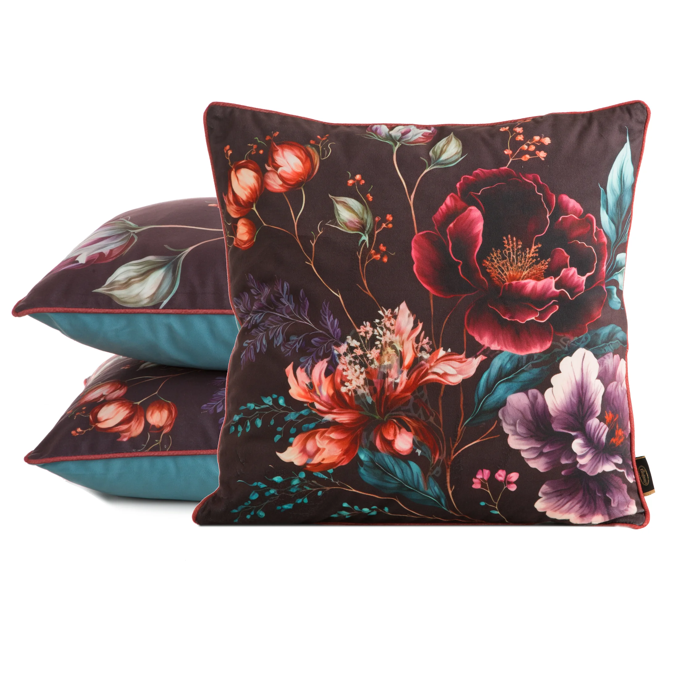 Poszewka na poduszkę 45x45 cm welwetowa, dwustronna z motywem kwiatów z wypustką na brzegach ceglasto, turkusowa VELVET 129 EUROFIRANY PREMIUM
