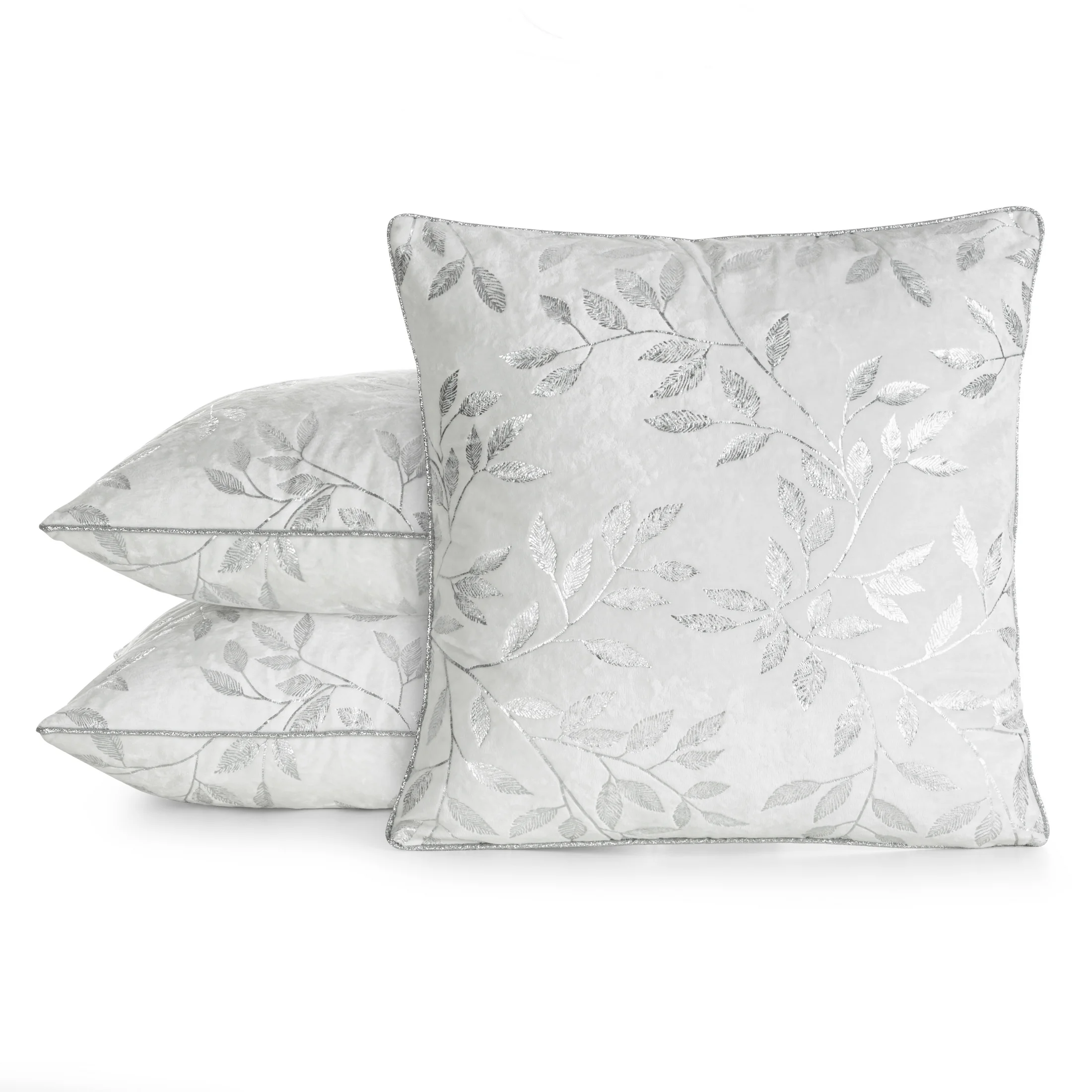 Poszewka na poduszkę 45x45 cm welwetowa z błyszczącym metalicznym nadrukiem liści pudrowo kremowa VELVET 71 EUROFIRANY PREMIUM