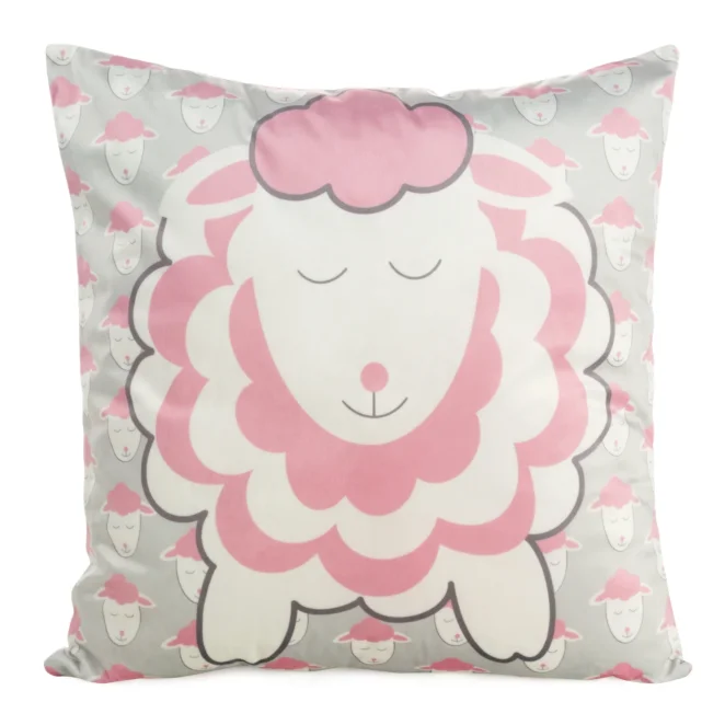 Poszewka na poduszkę 45x45 cm welwetowa z motywem słodkich baranków popielato, różowa KIDS 7 A DESIGN 95 Eurofirany