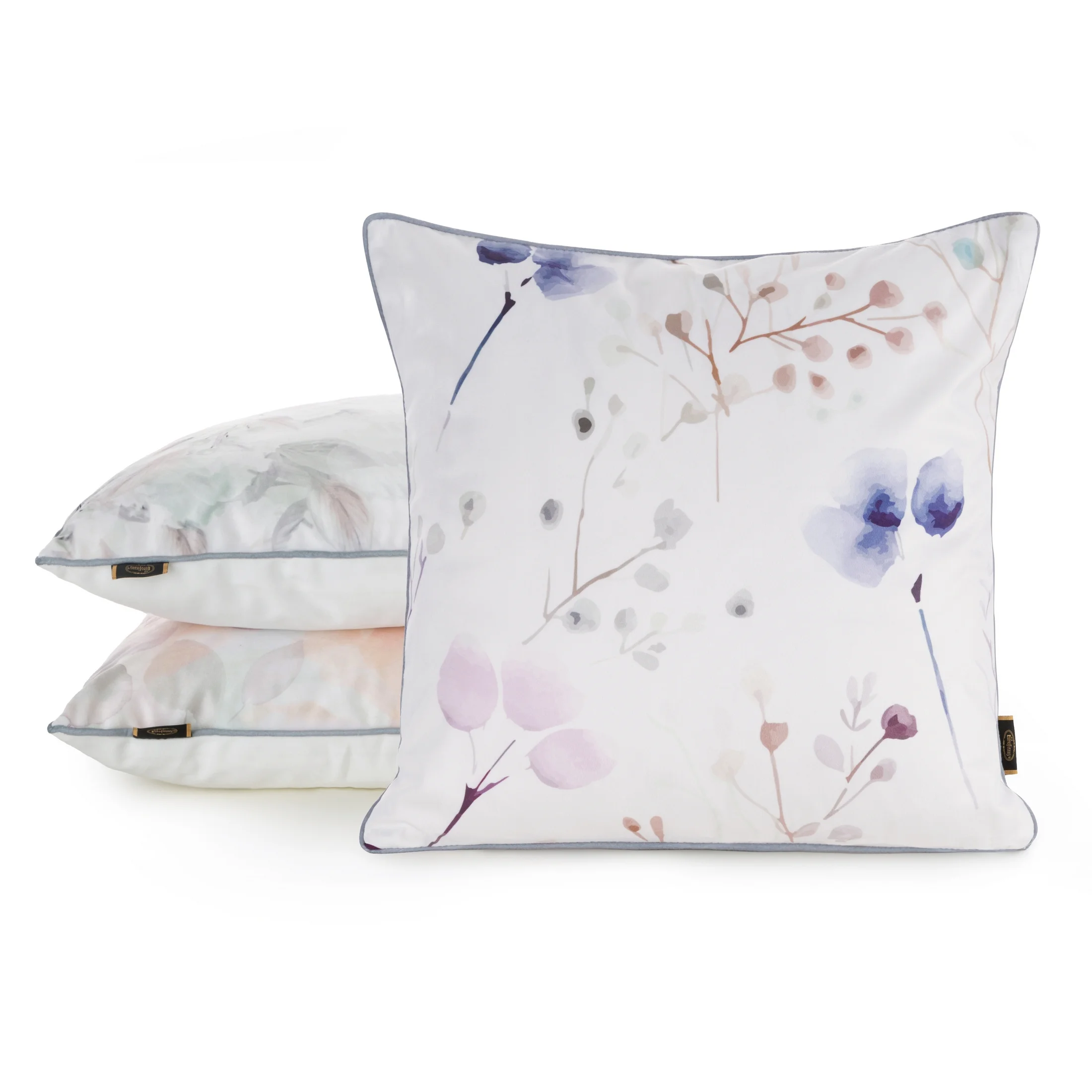 Poszewka na poduszkę 45x45 cm welwetowa z nadrukiem pastelowych kwiatów i ozdobną kontrastującą wypustką biało, beżowa VELVET 148 EUROFIRANY PREMIUM