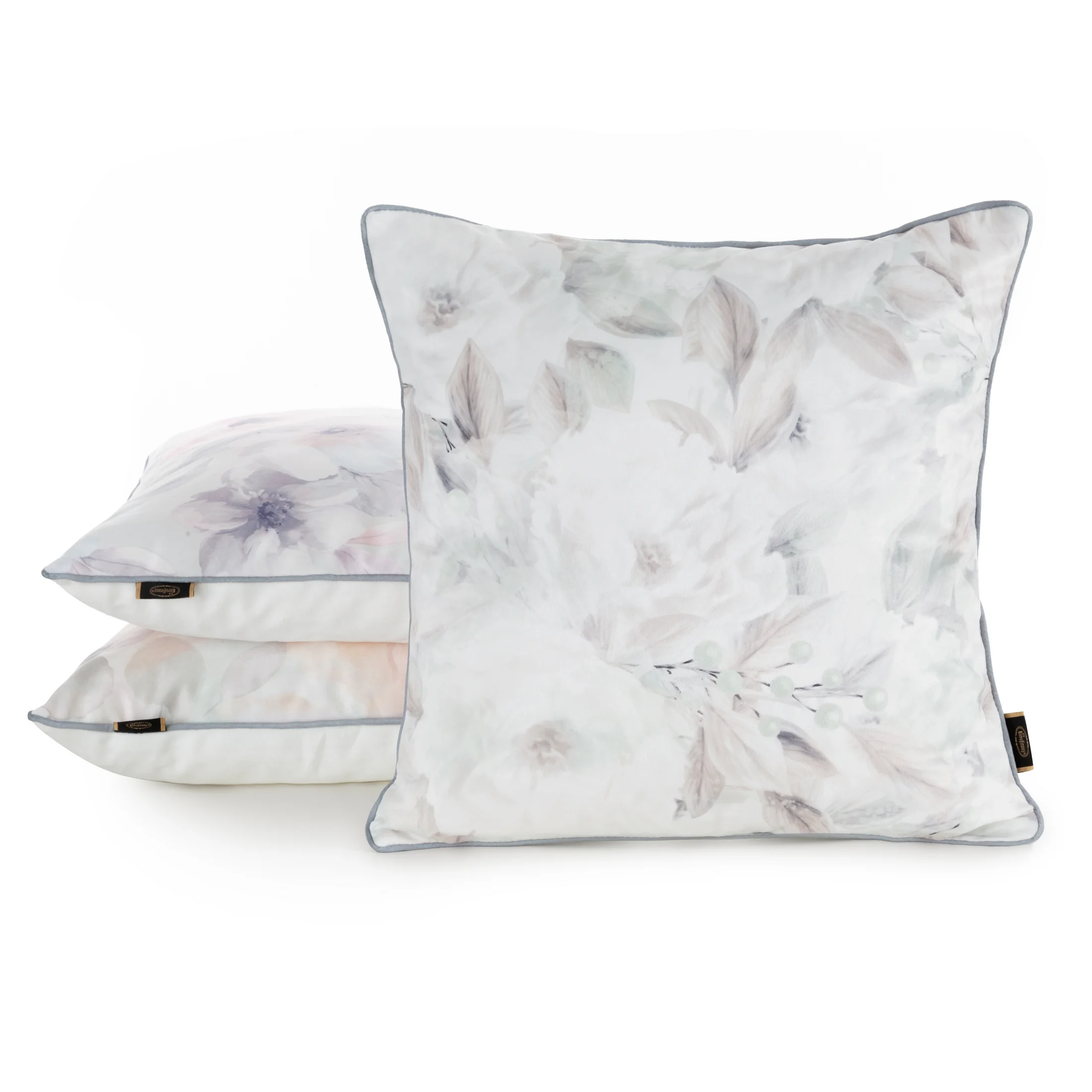 Poszewka na poduszkę 45x45 cm welwetowa z nadrukiem pastelowych kwiatów i ozdobną kontrastującą wypustką biało, bezowa VELVET 148 EUROFIRANY PREMIUM