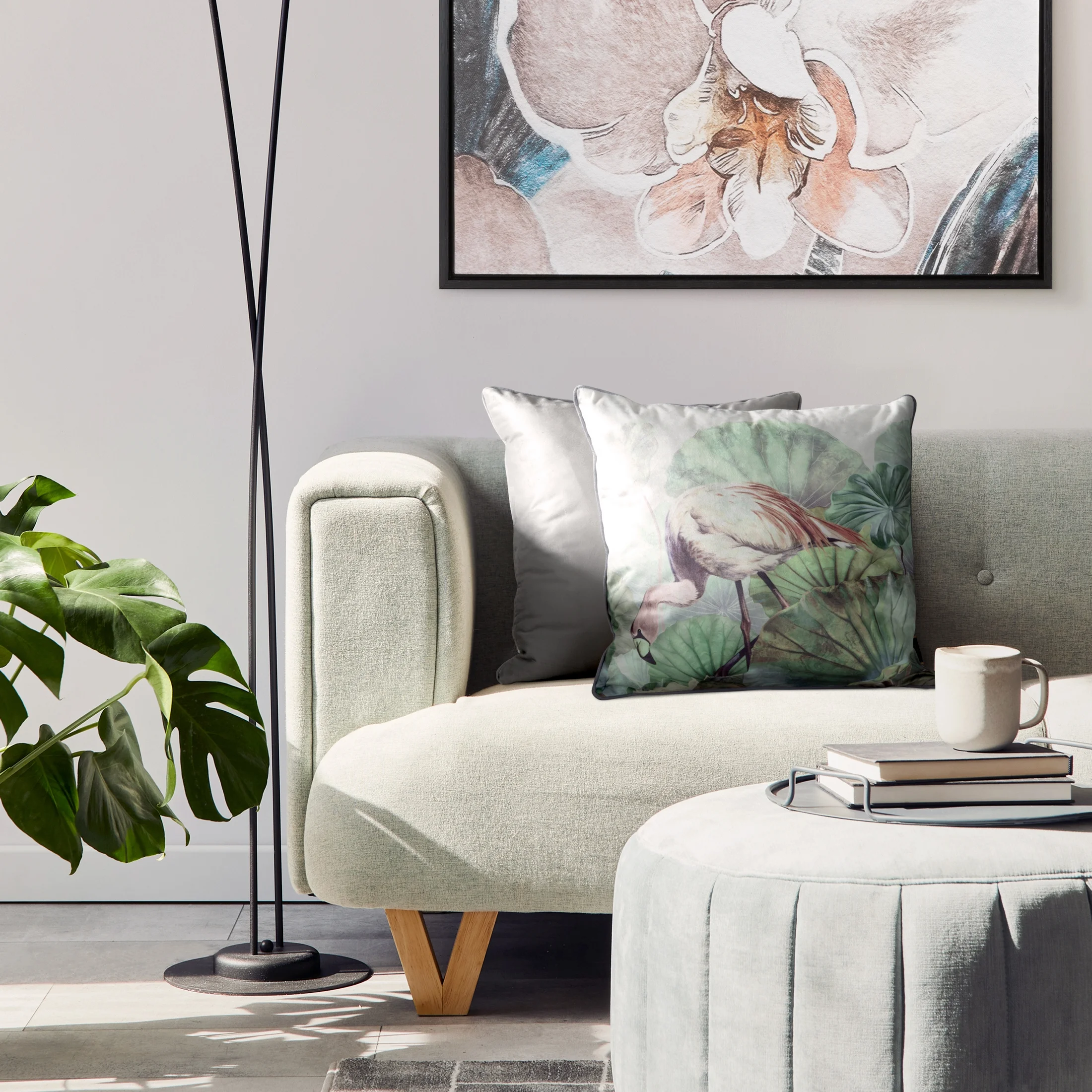 Poszewka na poduszkę 45x45 cm welwetowa zdobiona egzotycznym nadrukiem zielono, pudrowa VELVET 195 EUROFIRANY PREMIUM