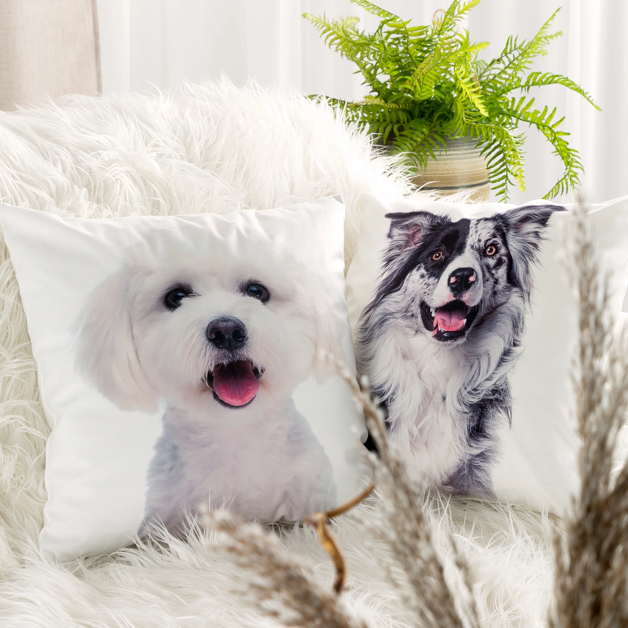 Poszewka na poduszkę 45x45 cm welwetowa zdobiona nadrukiem psa biało, czarna ANIMAL Eurofirany