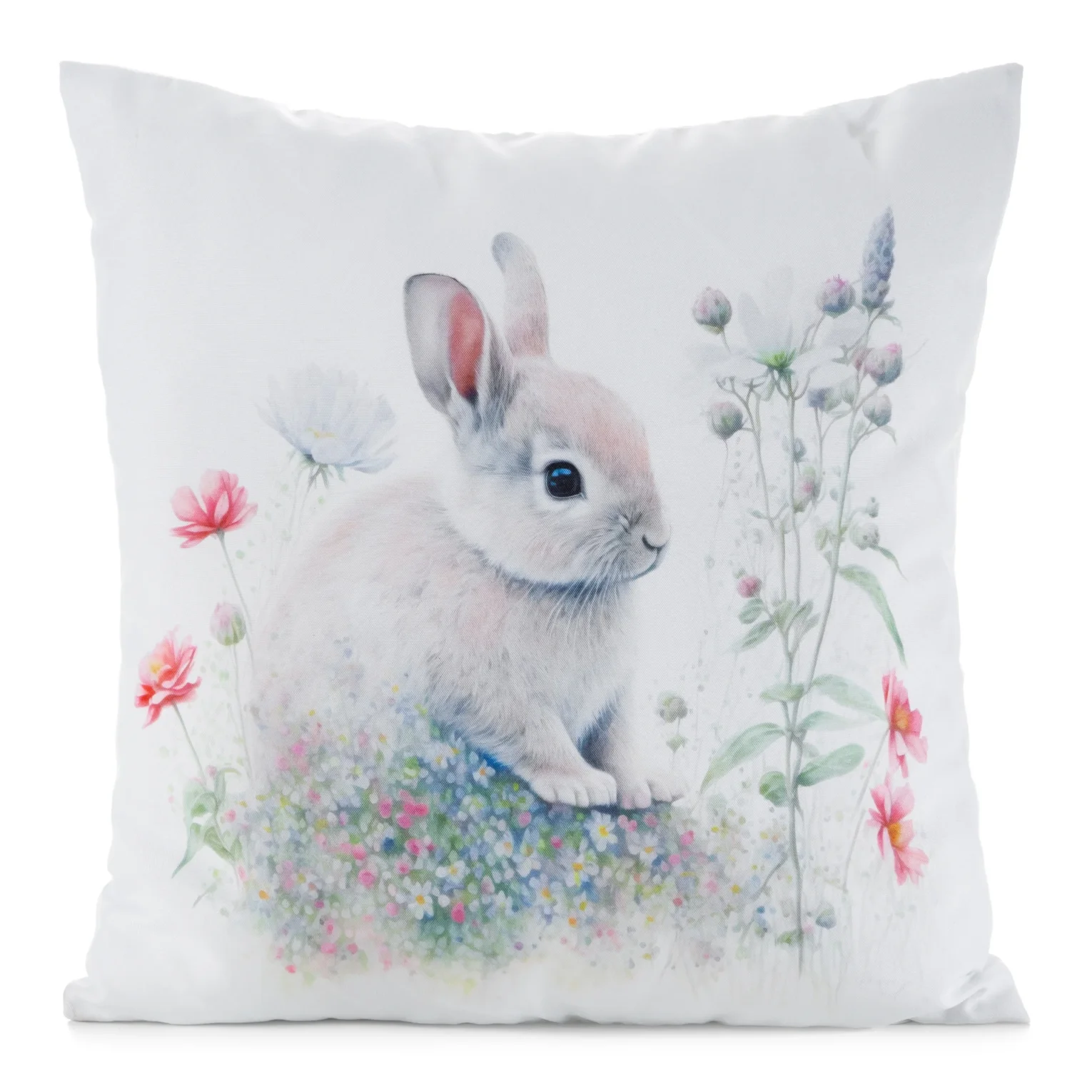 Poszewka na poduszkę 45x45 cm welwetowa zdobiona nadrukiem zajączka biało, zielona WIOSNA 63 Eurofirany