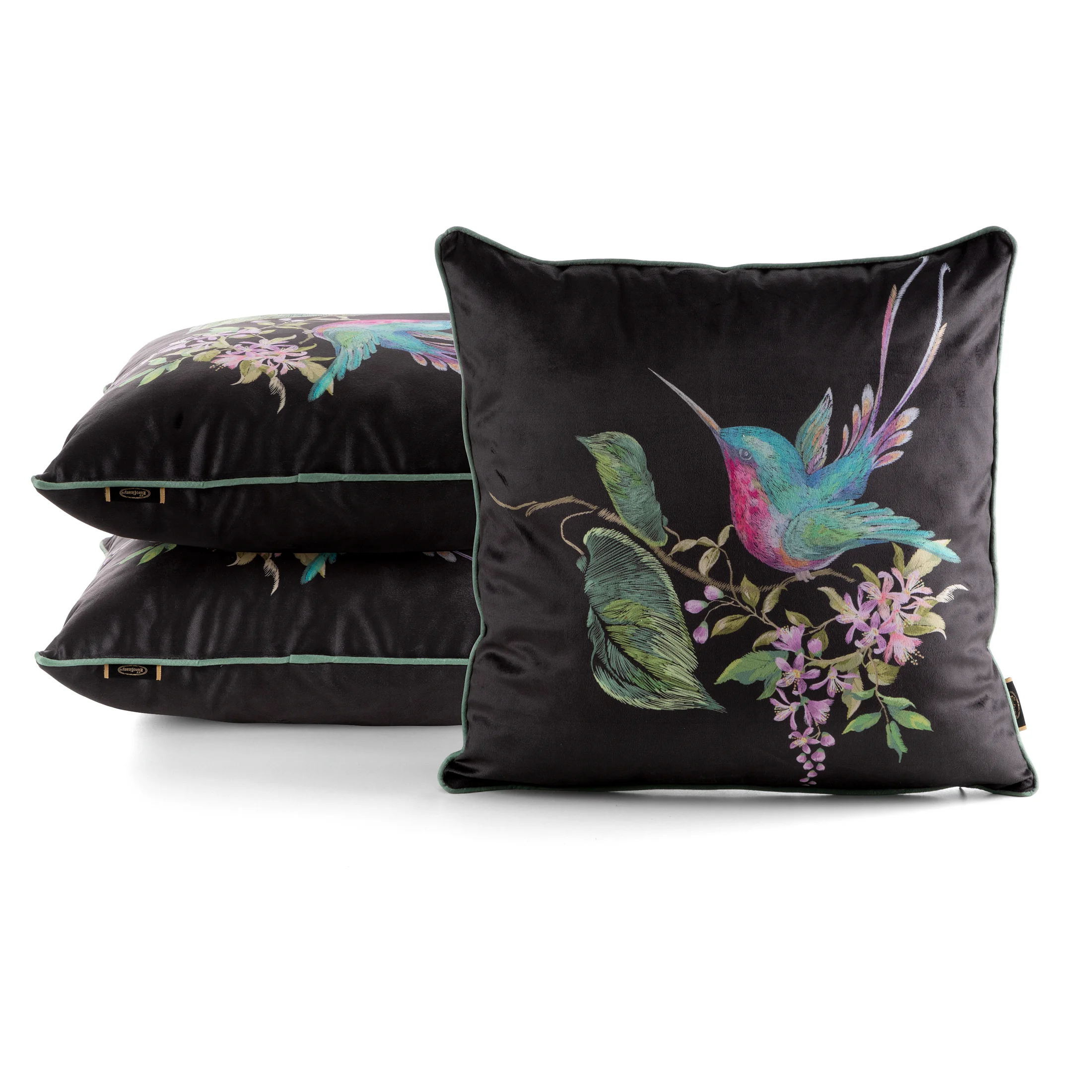Poszewka na poduszkę 45x45 cm welwetowa zdobiona nadrukiem zwierzęcym i ozdobną lamówką czarno, zielona VELVET 177 EUROFIRANY PREMIUM