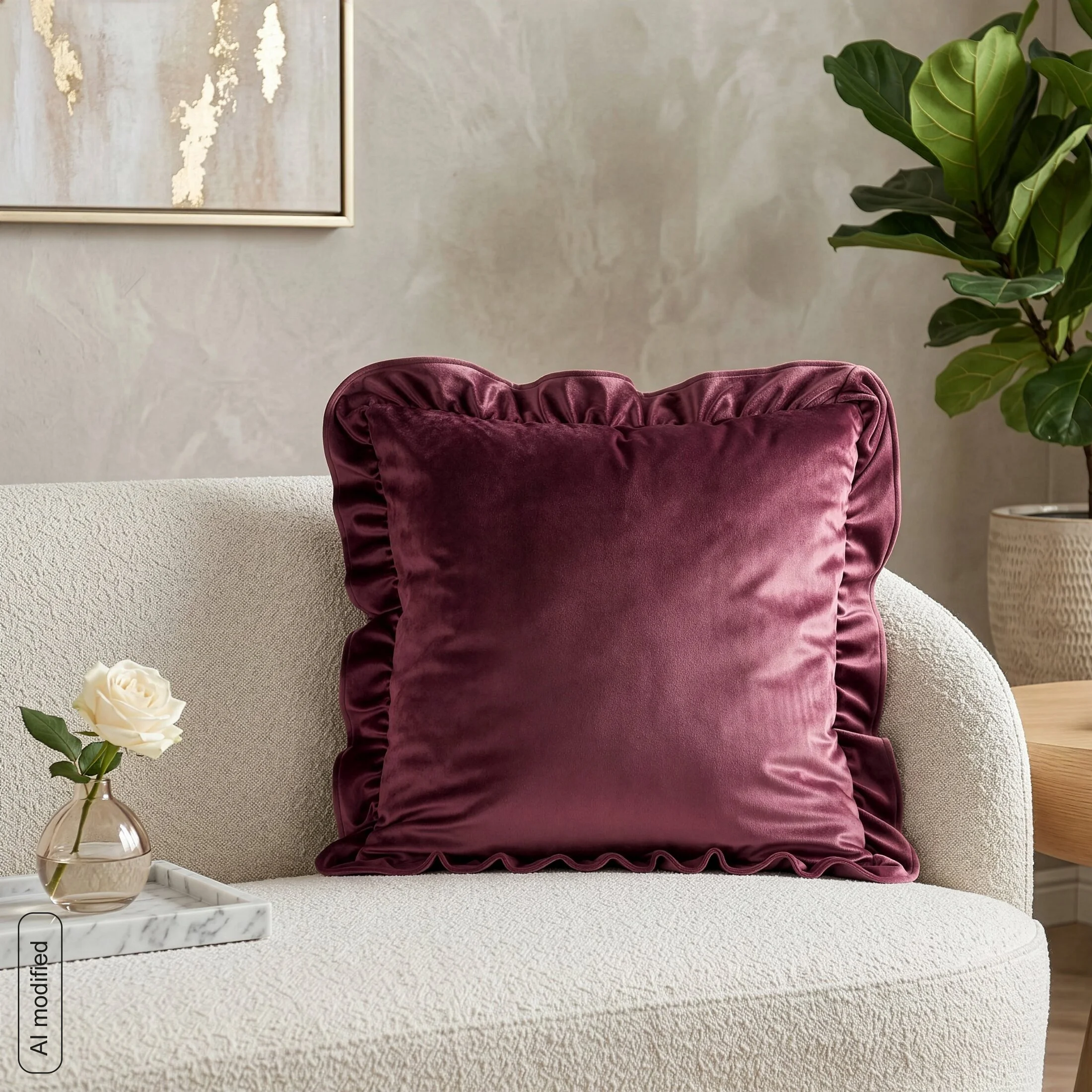 Poszewka na poduszkę 45x45 cm z aksamitnego welwetu zdobiona na brzegach falbanami burgundowa BRENDA EUROFIRANY PREMIUM