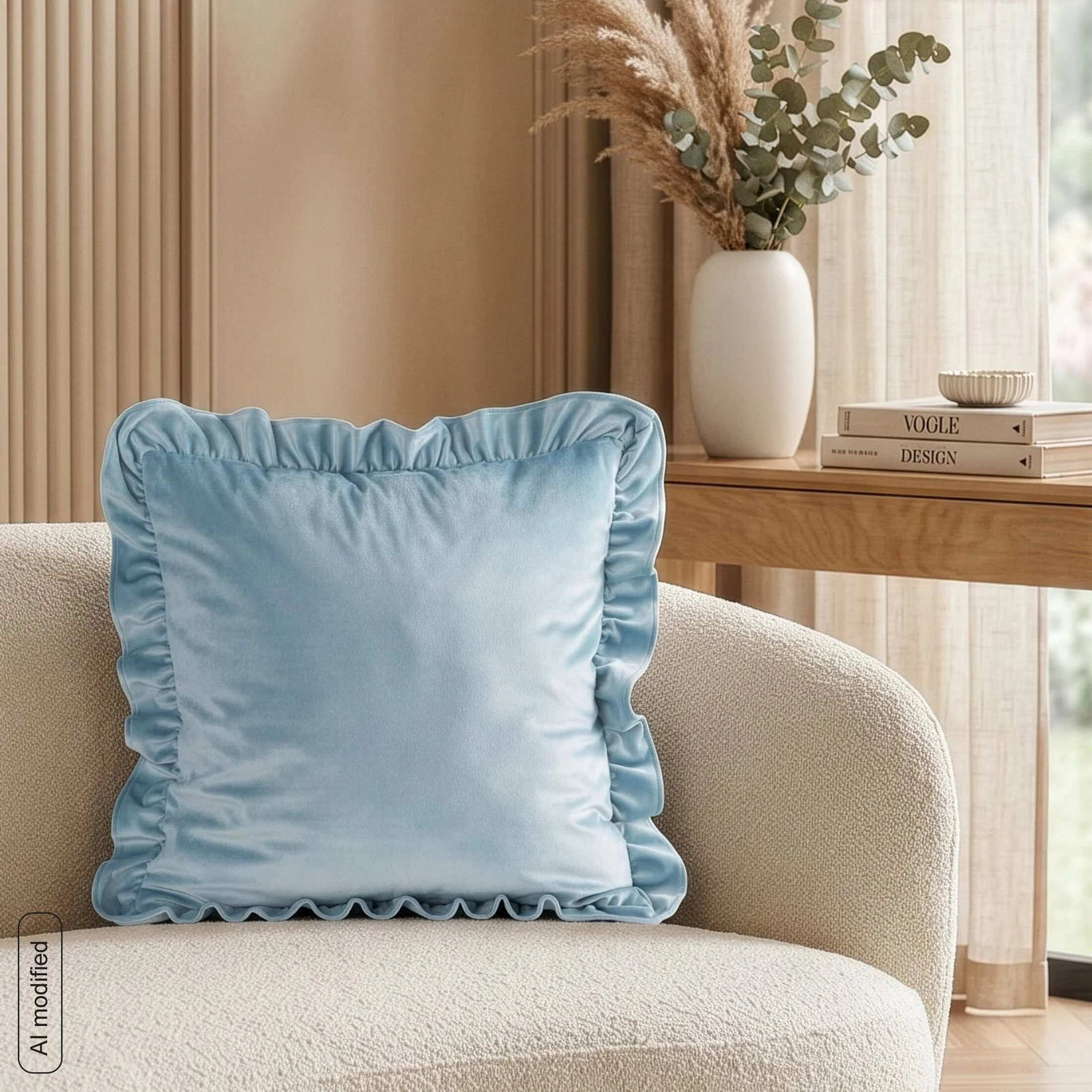Poszewka na poduszkę 45x45 cm z aksamitnego welwetu zdobiona na brzegach falbanami jasnoniebieska BRENDA EUROFIRANY PREMIUM