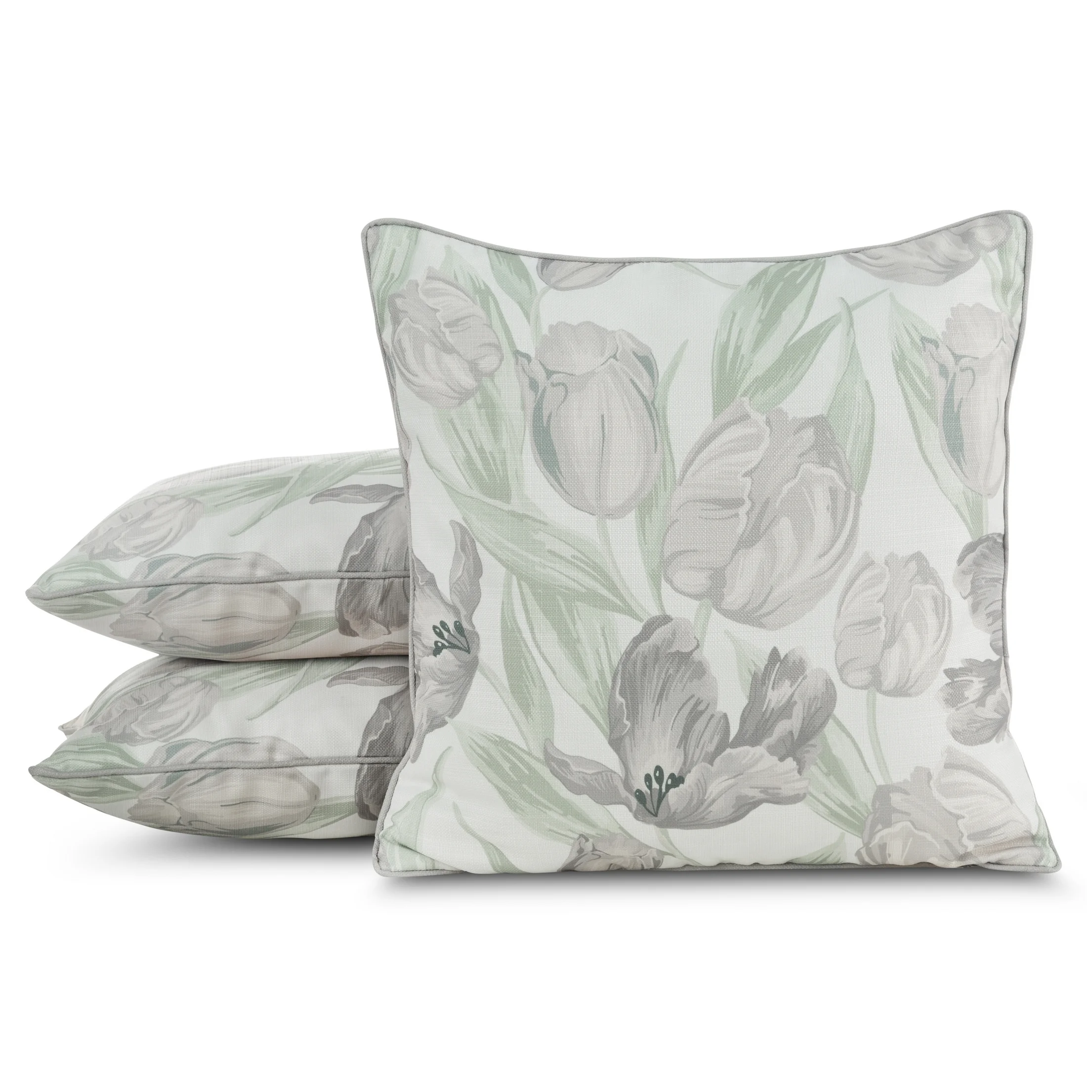 Poszewka na poduszkę 45x45 cm zdobiona nadrukiem kwitnących tulipanów z ozdobną lamówką naturalno, zielona MILLIE Eurofirany