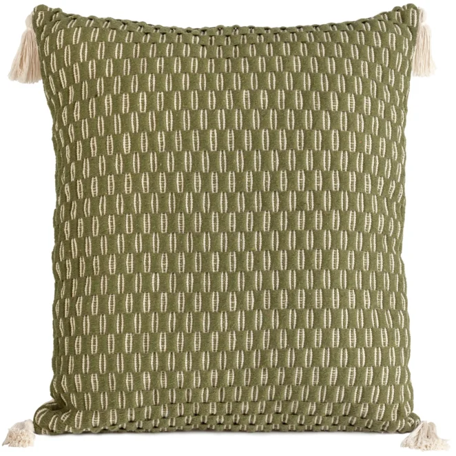 Poszewka na poduszkę 60x60 cm bawełniana zdobiona chwostami na rogach oliwkowa MONTENEGRO TERRA COLLECTION Eurofirany